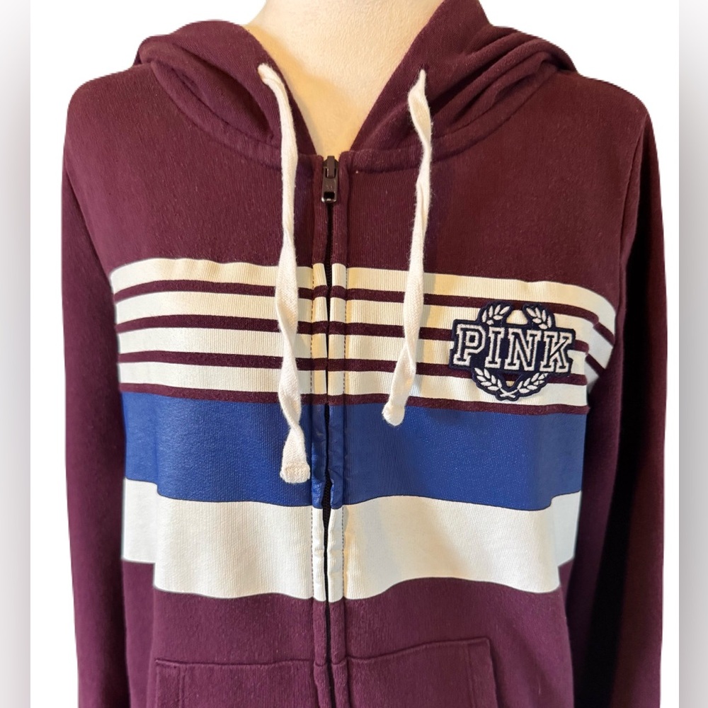 Victoria’s Secret PINK Colorblock Zip Hoodie Burgundy/Cream/Blue Size M